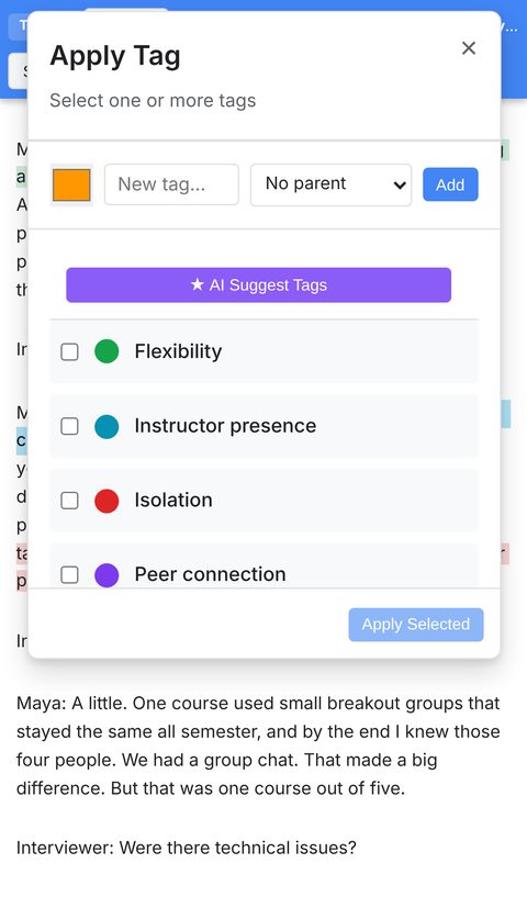 Coding an interview transcript in CollabCoder on an iPhone